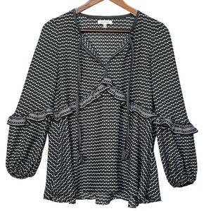 Max Studio‎ Blouse Women Size S Black White Heart Print Peasant Boho Ruffle Top